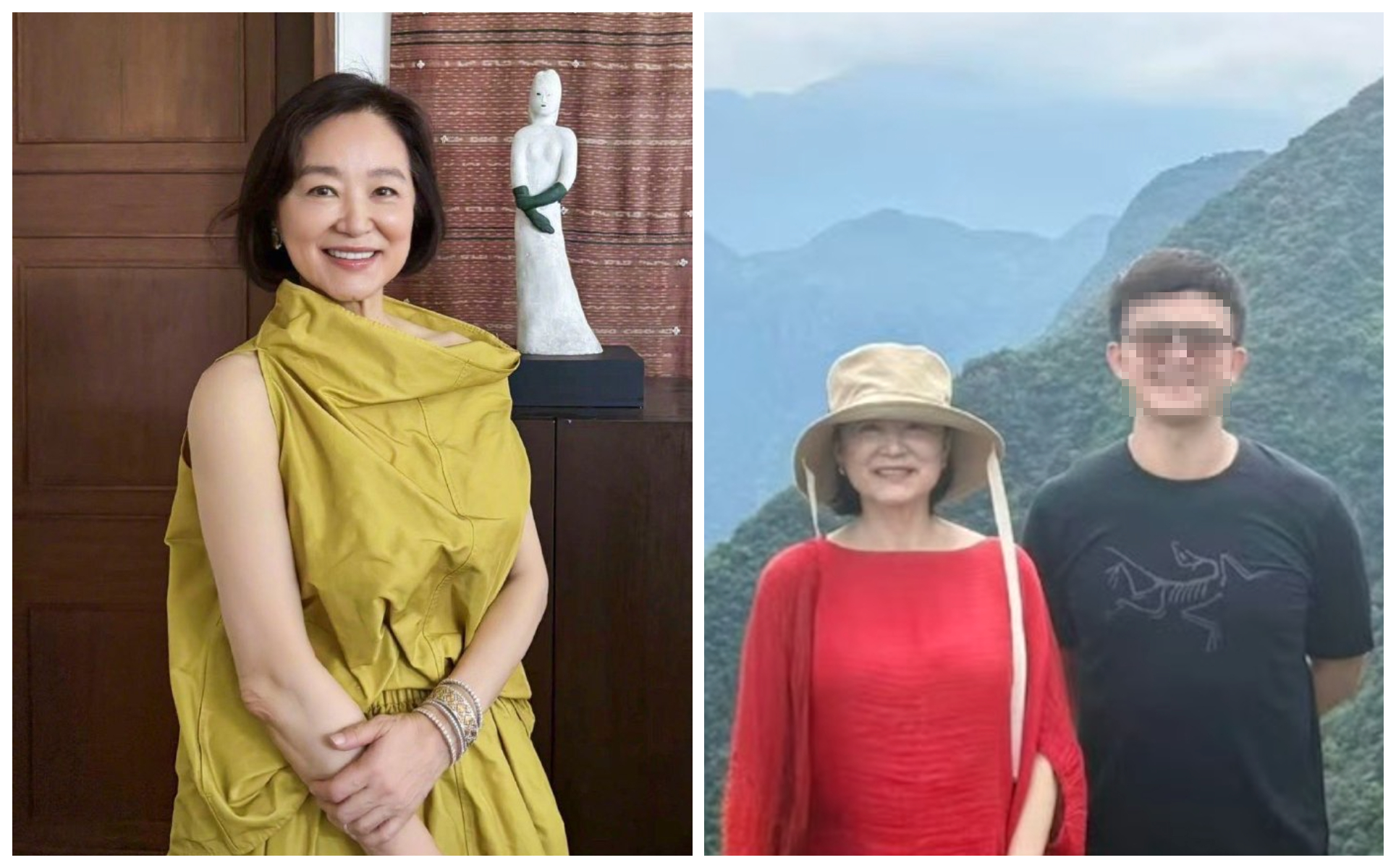 林青霞在巫山旅遊，穿紅衣看著網友寫生（右圖），讓對方直呼好夢幻。（翻攝林青霞微博、小紅書）