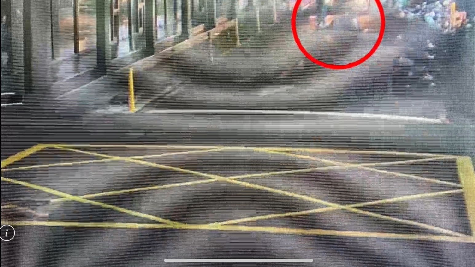 洪男（紅圈）醉躺在地上擋路，不滿駕駛按喇叭，隨即起身拉扯車門。（翻攝畫面）