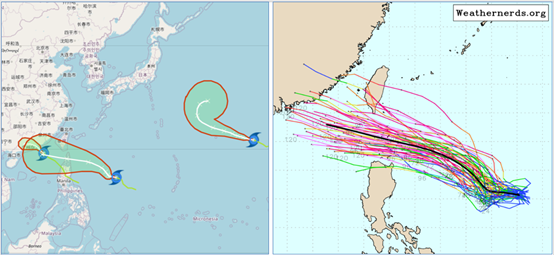 氣象署「路徑潛勢預測圖」顯示，西北太平洋有3個颱風（左圖）。最新歐洲系集模式模擬顯示，「樺加沙」的模擬平均路徑，通過巴士海峽（右圖）。（取自官網）。