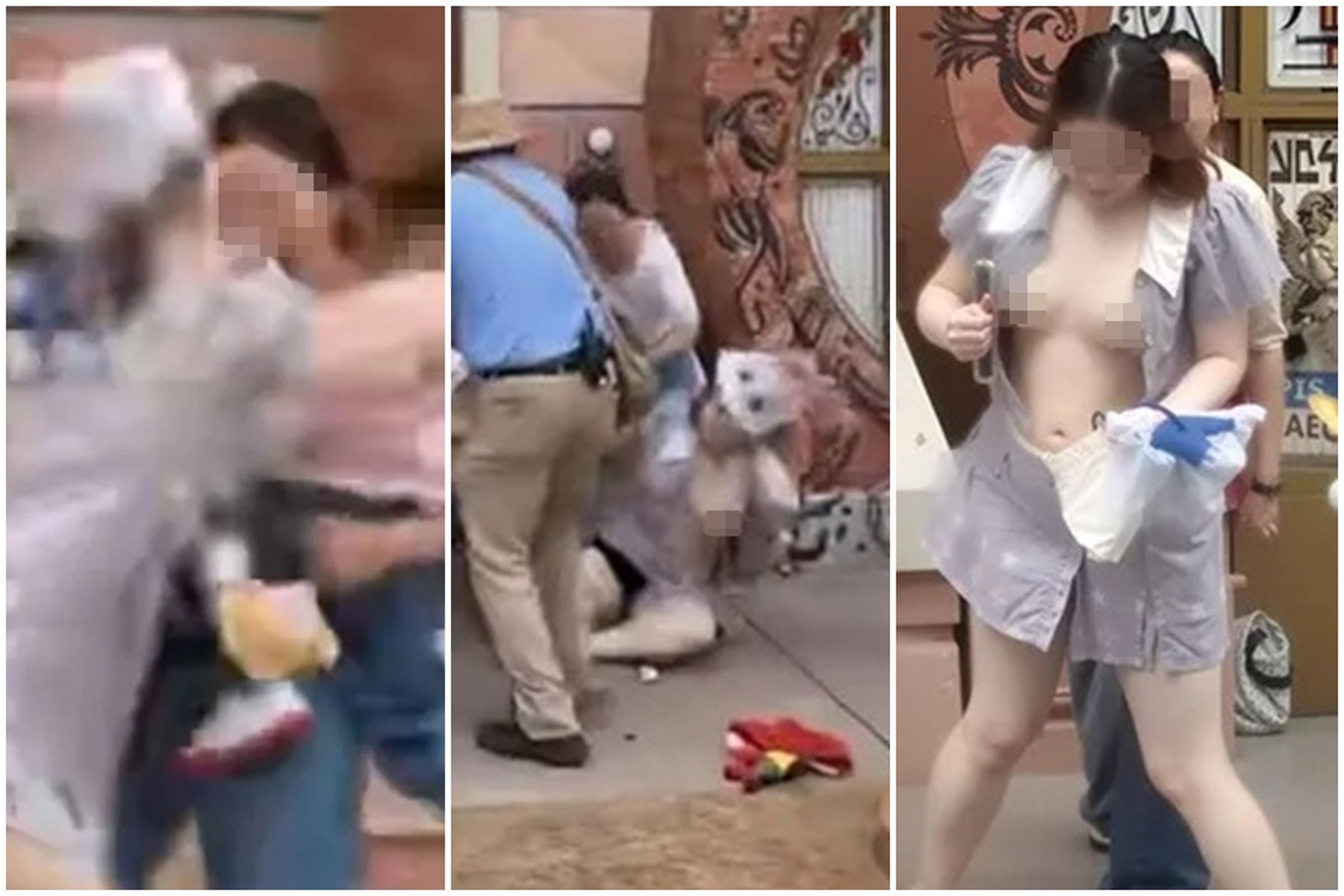 一名長髮妹因不滿拍照遭女童亂入,跟女童爸媽打起來,還掉出胸乳。(翻攝自X)