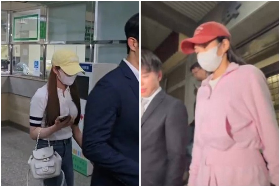 家寧昨一身粉色運動套裝現身；家寧妹（左）光上衣就要價6,500元，手上拿的香奈兒包包價碼也跟著曝光。（翻攝畫面）