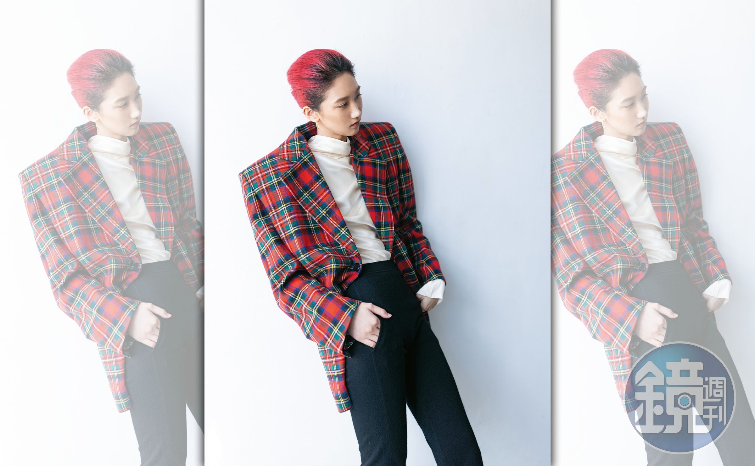 紅色格紋西裝外套 NT$105,250 by SAINT LAURENT；香檳色絲質襯衫 NT$95,100 by SAINT LAURENT；黑色緊身長褲 NT$56,250  by SAINT LAURENT；金色單圈耳環 NT$3,590 by Maje。