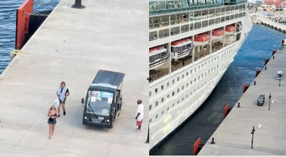 遲到的2名遊客目送郵輪離開，船上的其他乘客則向他們高喊「再見」。（翻攝自TikTok@clairefea75）