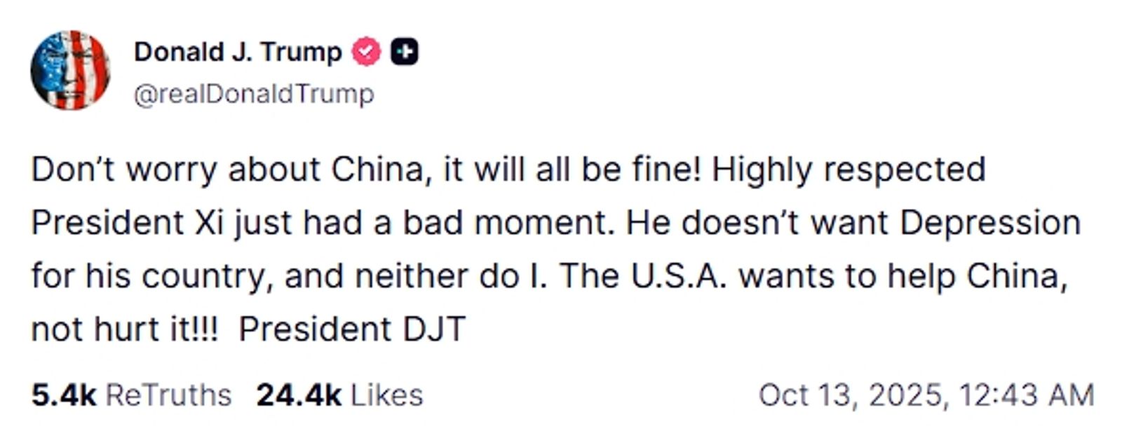 川普突然又說「美國想幫助中國」，引發PTT網友熱議。（翻攝自Truth @realDonaldTrump）