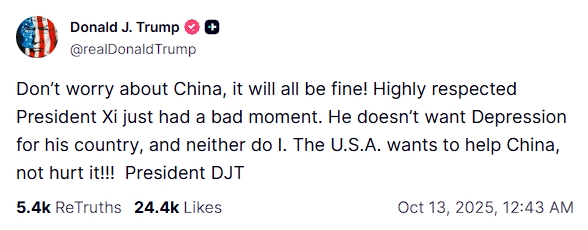 川普突然又說「美國想幫助中國」，引發PTT網友熱議。（翻攝自Truth @realDonaldTrump）