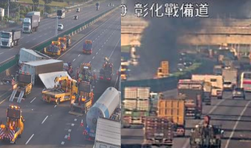 國道1號北向206公里處(彰化戰備道路段)今晨發生聯結車自撞護欄翻覆事故,龐大車體與散落物占據多線車道(左圖);不料2小時後,6時10分相隔約1.2公里的國1北向207.2K、埔鹽系統路段竟又發生大貨車起火事故,黑色濃煙嚇壞用路人(右圖)。(翻攝自高公局網站)