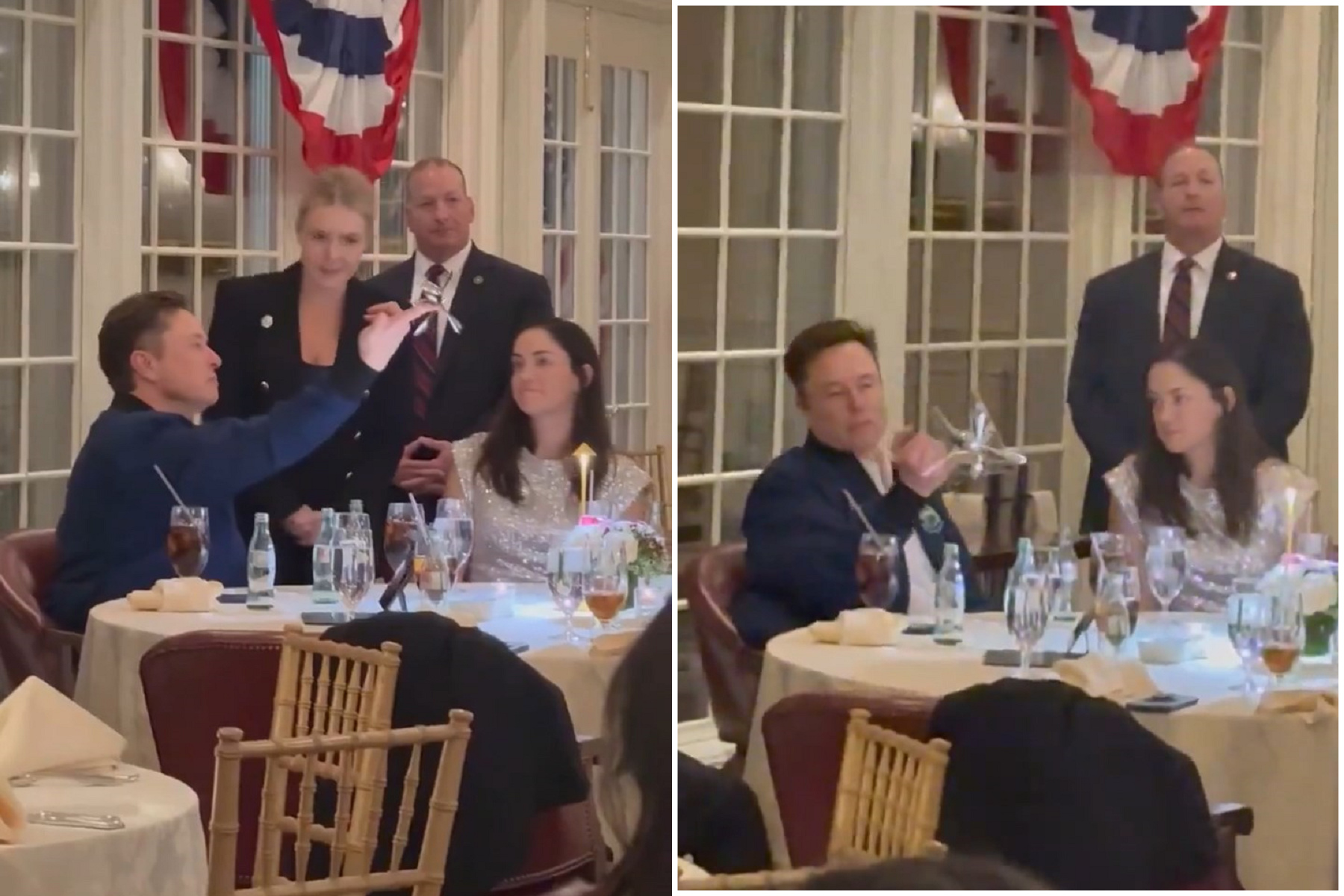 馬斯克餐桌禮儀根本是屁孩！大玩餐具向妹子展演「超自然神器」。（翻自X平台）