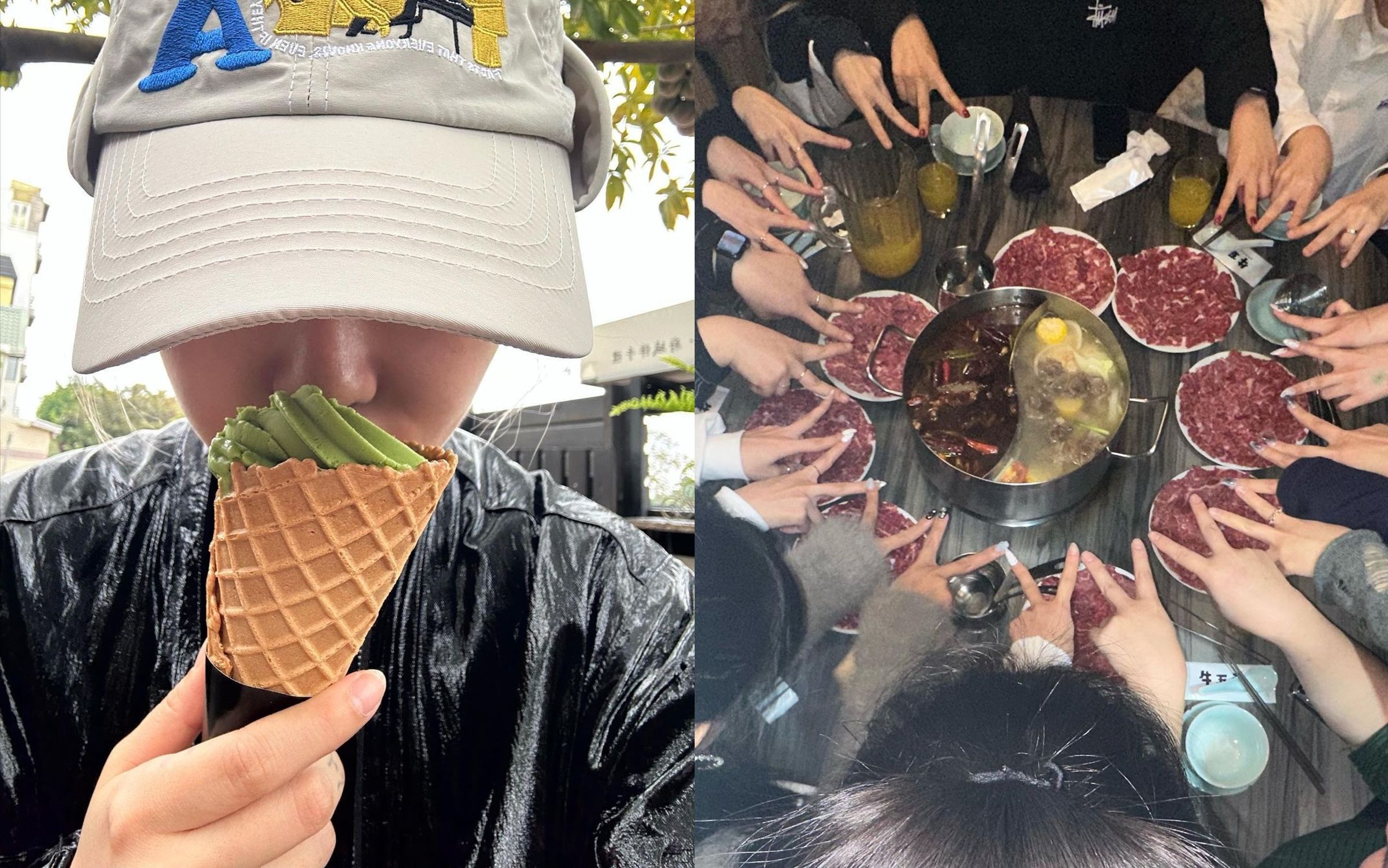 輝人去年12月到台南演出,品嘗了抹茶冰淇淋(左)和溫體牛肉火鍋等美食。(翻攝自輝人Instagram)