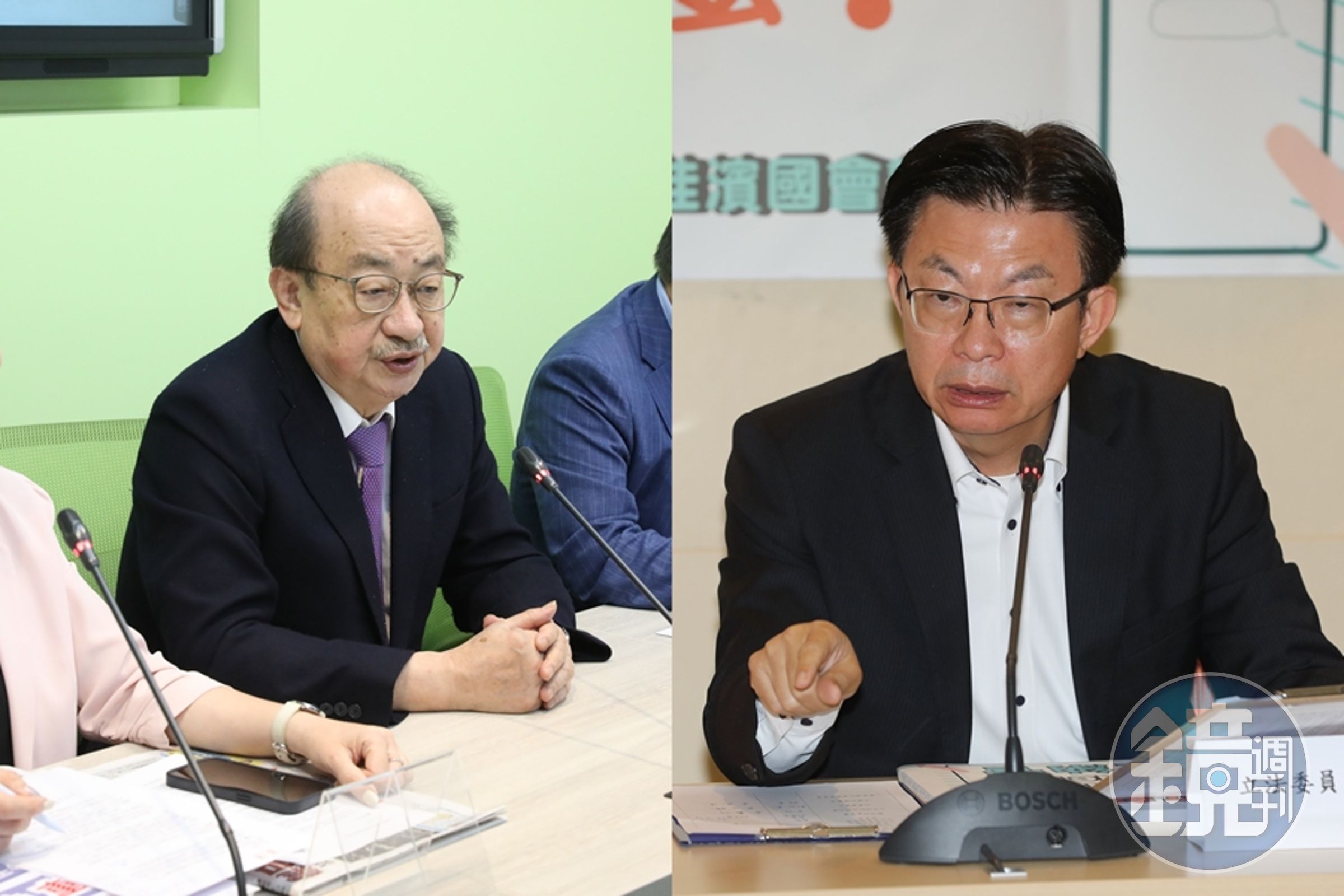 針對《財劃法》修法，民進黨團總召柯建銘（左）表示要多溝通再提案，綠委郭國文（右）則痛批藍白版是地方搶錢法案。（本刊資料照）