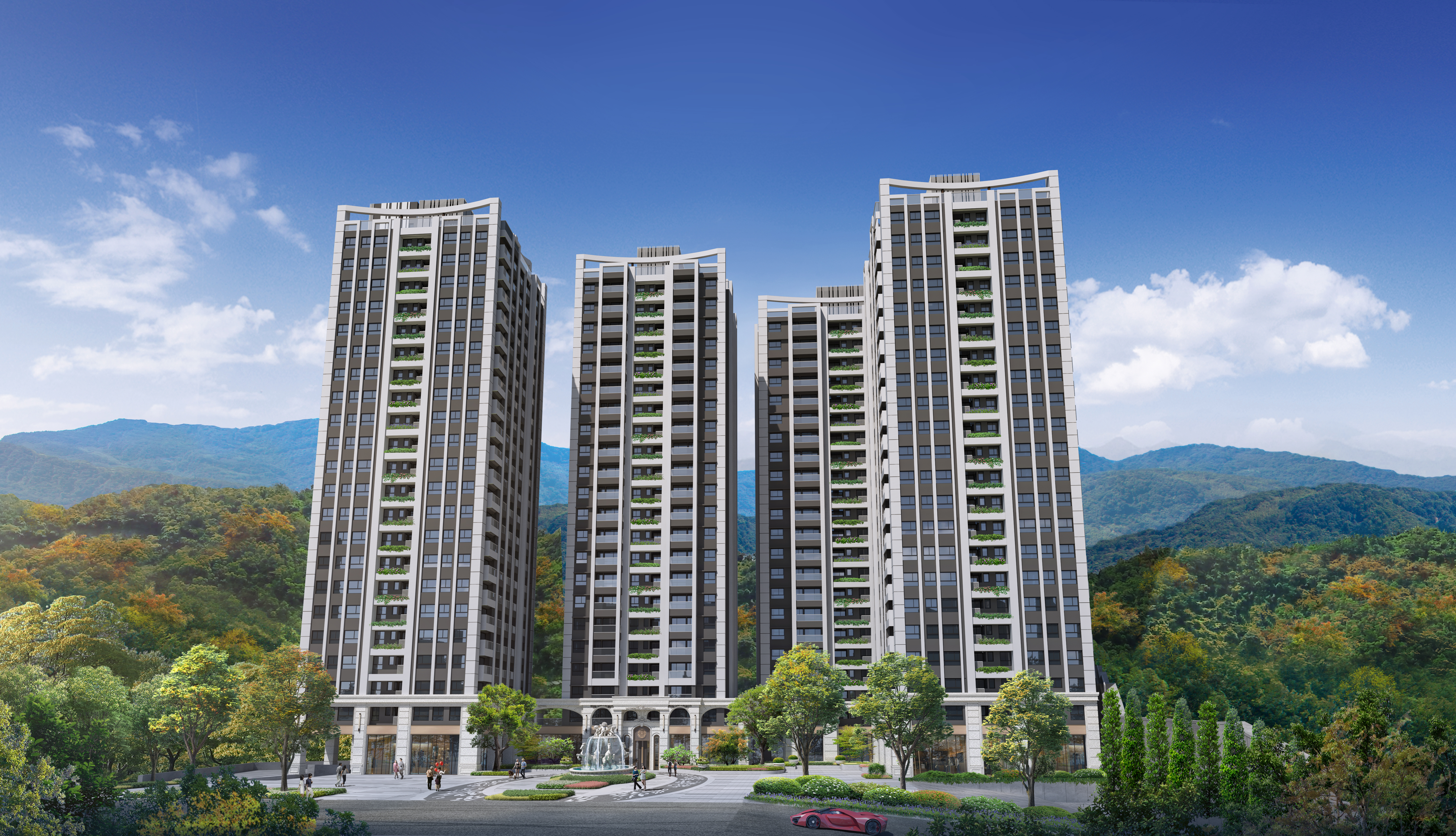 甲山林2024新推案，4字頭入主「美麗上城」，甜蜜房價讓購屋族也能輕鬆有家。（圖為3D透視示意圖）