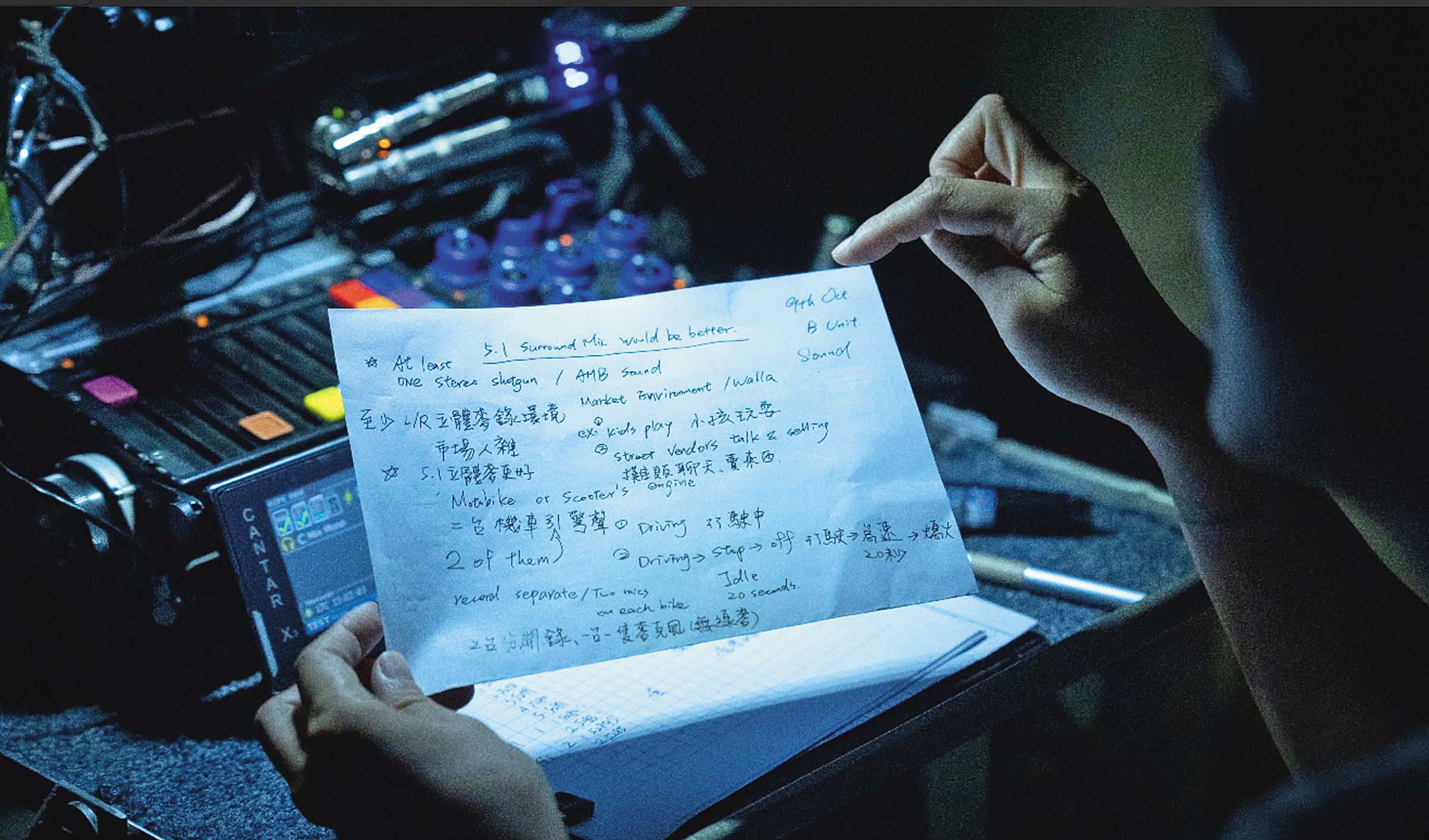 為與印尼工作人員溝通，拍片注意事項與通告等需同時使用中、英文。（華影提供）