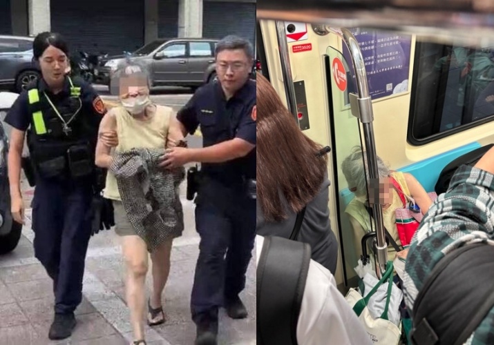 捷運上被踹飛爆紅的阿嬤，因有竊盜罪遭通緝，日前她繳清罰金後又在捷運上現身。（右圖為Threads網友@oh_wen1102授權提供／左圖為翻攝畫面）
