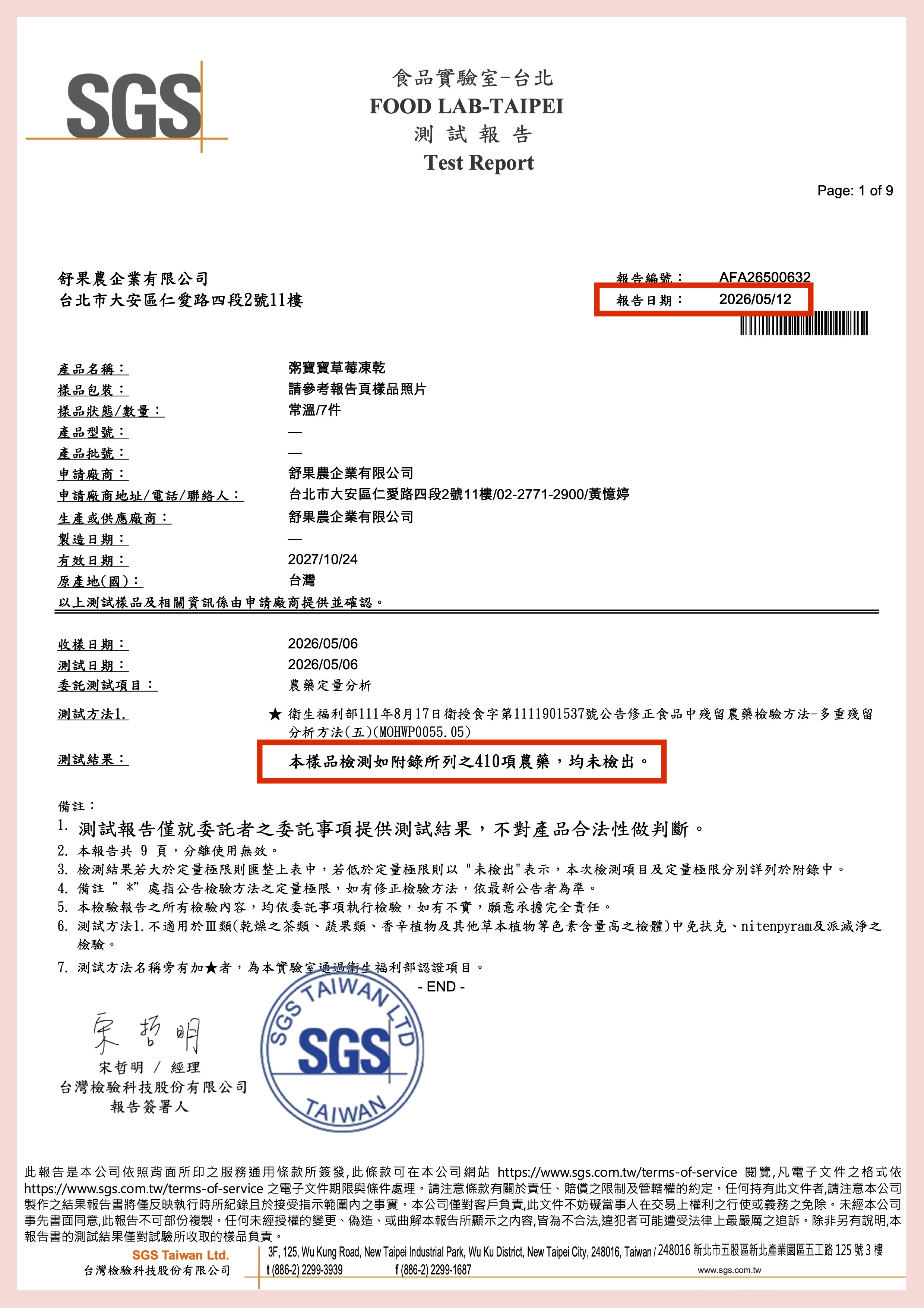 根據無毒農公司提供之SGS檢驗報告，包含植物殺菌劑「氟比來」等農藥均「未檢出」。