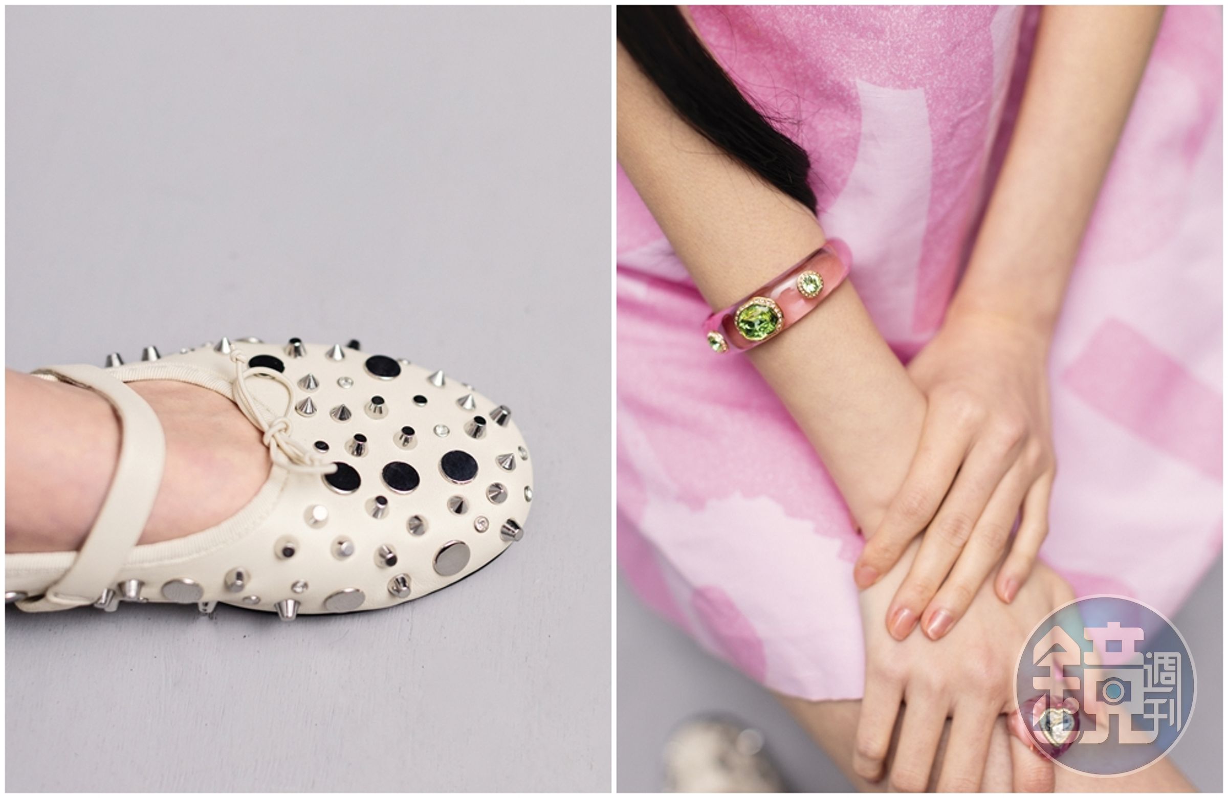 Unikko游霓可印花無袖洋裝 NT$11,900 by Marimekko；Dulcis闊手鐲 NT$6,500 by SWAROVSKI；Dulcis個性戒指 NT$3,800 by SWAROVSKI；米色鉚釘芭蕾舞鞋 NT$12,590 by maje。