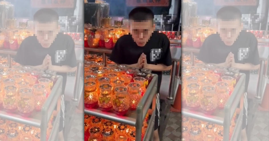 一名男子日前惡作劇吹滅南投中寮石龍宮的光明燈,缺德行徑引起輿論譁然。(翻攝自抖音)