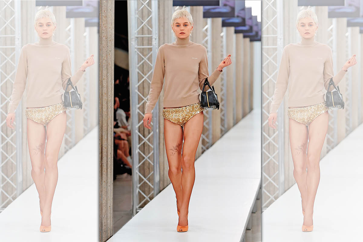 在《王冠》飾演黛妃的艾瑪科林，穿上Miu Miu亮片內褲走秀，引爆不少話題。約NT$180,000（Miu Miu提供）