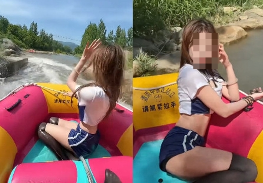 貴州通天河近來推出色情伴漂服務,主打年輕辣妹全程陪玩泛舟。(翻攝微博)