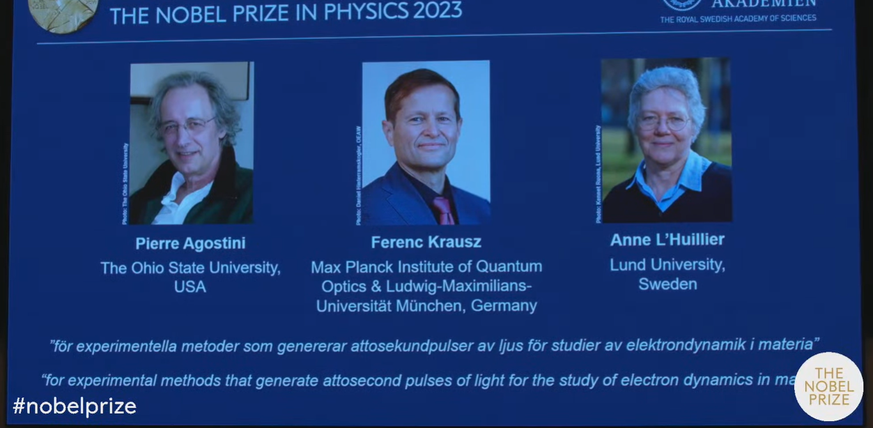 諾貝爾物理獎揭曉！美、德、瑞典3學者研究脈衝光享殊榮。（翻自諾貝爾YT）