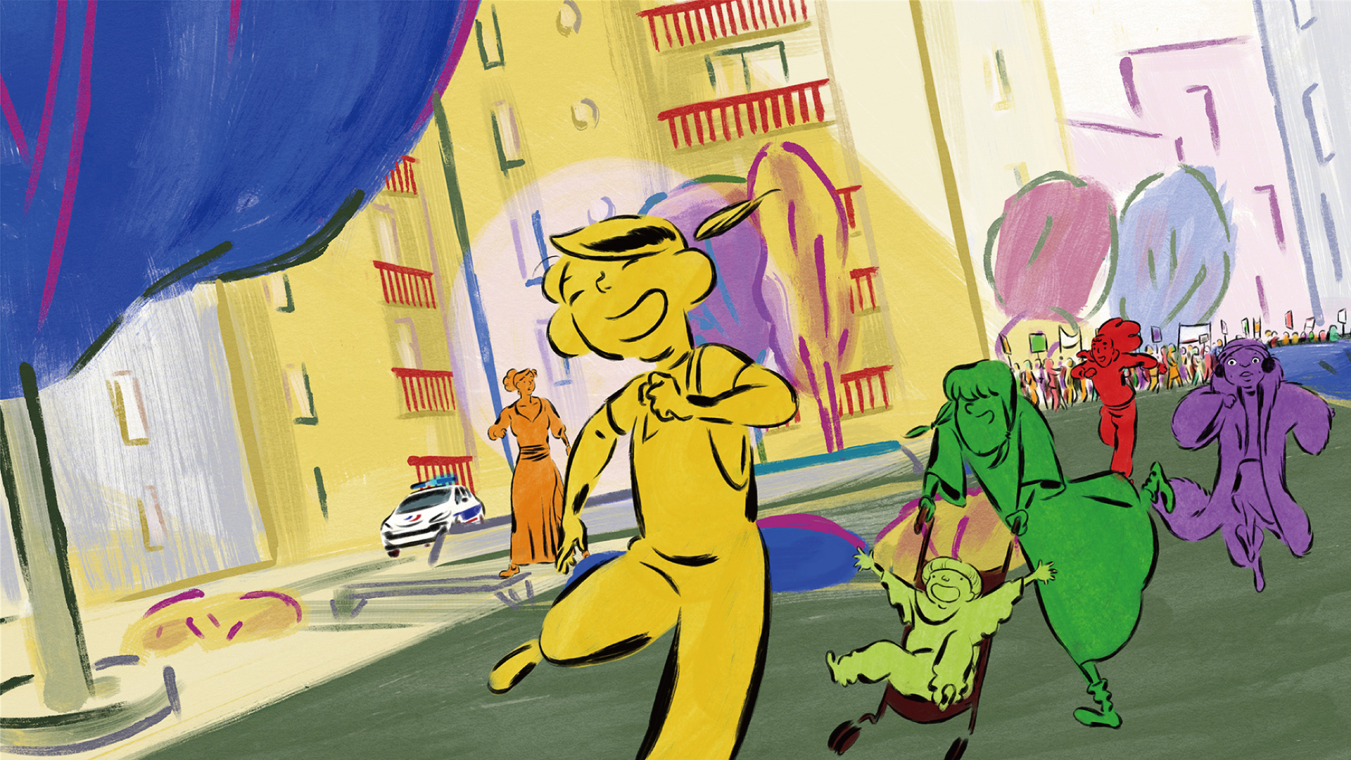 《琳達想吃雞！》使用大量色塊及繽紛色彩，畫風獨樹一格。（捷傑電影提供）