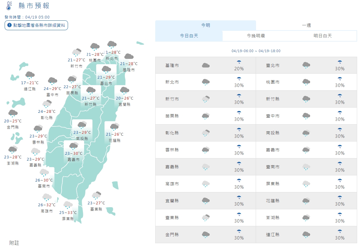 全台今日白天天氣一覽。（翻攝自中央氣象署）