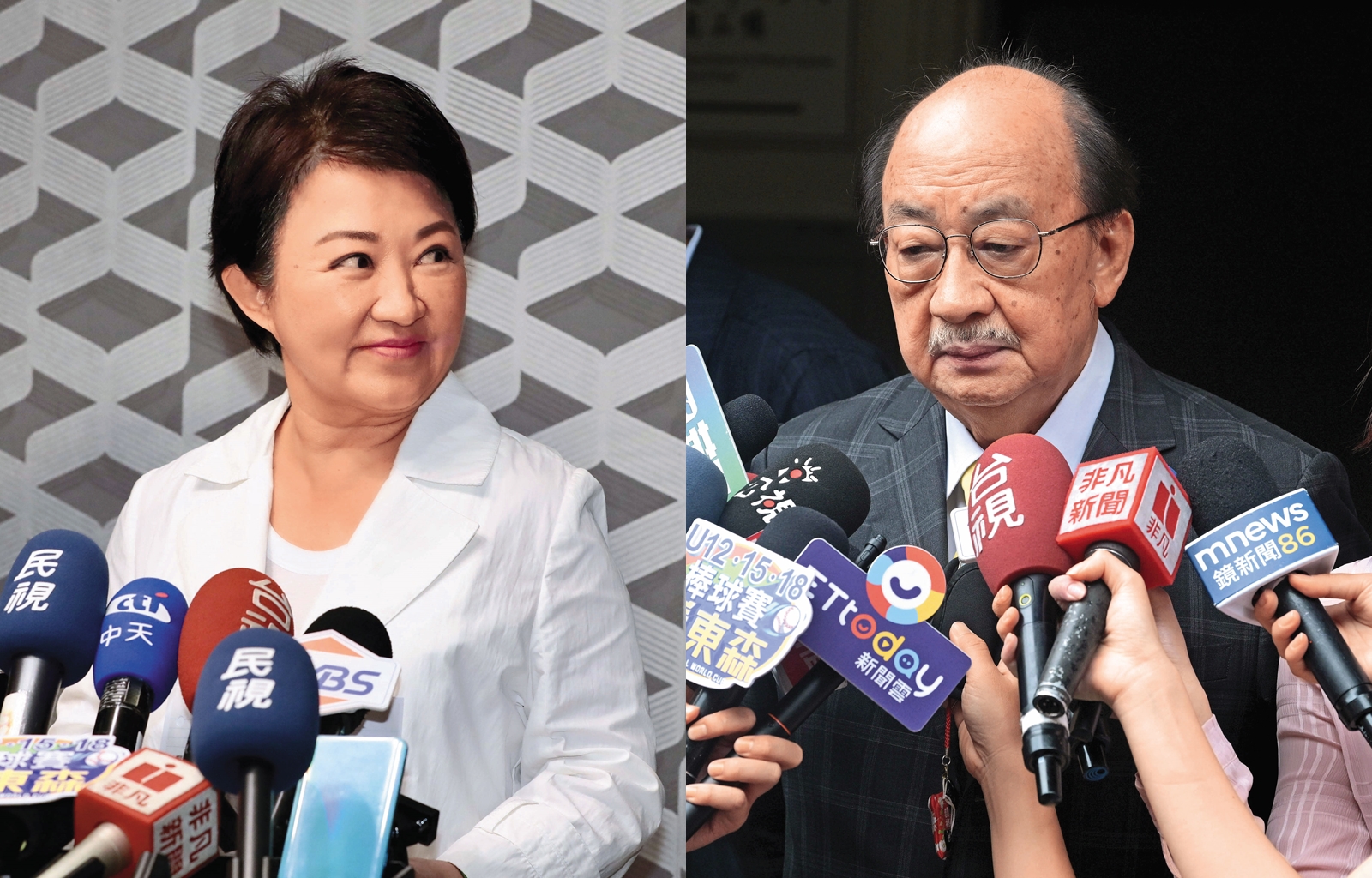 藍綠近日人事懸而未決，台中市長盧秀燕（左圖）堅決不接棒國民黨黨主席；至於民進黨立院總召柯建銘（右圖）則是備受爭議，仍無意請辭。（鏡報林煒凱）