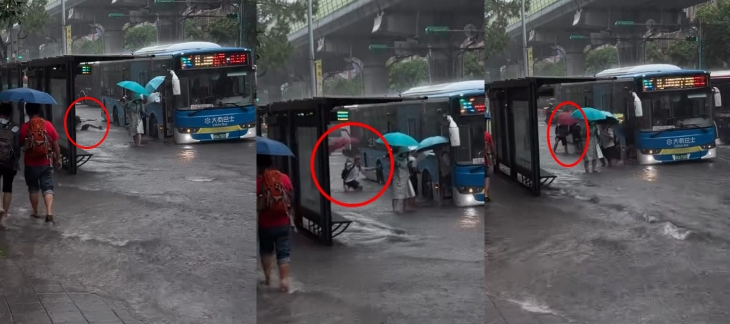 受到颱風外圍環流影響，台北市今降下致災性豪雨，內湖、南港等地區頻傳積水災情。有民眾拍下捷運港墘站外公車停等區淹成大型水池，甚至有學生下車時不慎跌入水中，險象環生，然而該學生後續的暖心舉動卻意外引發討論。（翻攝自Threads/chingyu）
