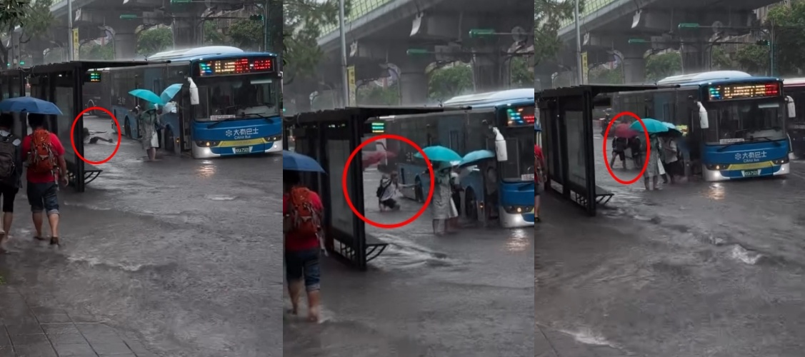 受到颱風外圍環流影響，台北市今降下致災性豪雨，內湖、南港等地區頻傳積水災情。有民眾拍下捷運港墘站外公車停等區淹成大型水池，甚至有學生下車時不慎跌入水中，險象環生，然而該學生後續的暖心舉動卻意外引發討論。（翻攝自Threads/chingyu）