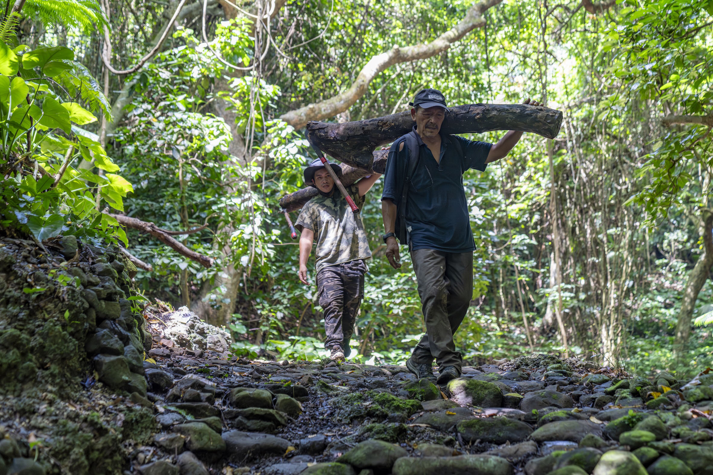 夏曼・藍波安父子踏入山林，以造舟技藝延續三代傳承。（目宿媒體提供）