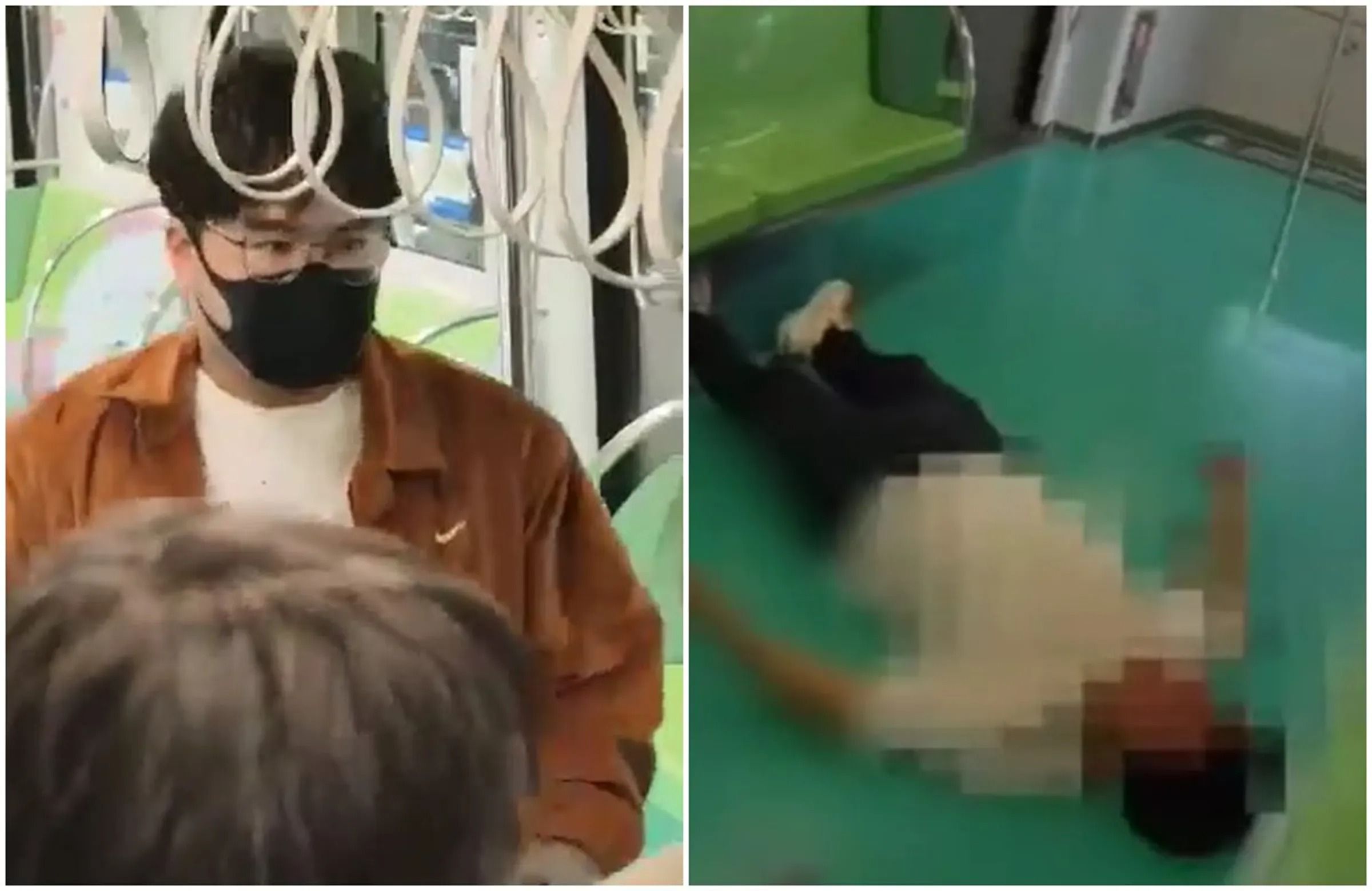 洪姓凶嫌在台中捷運車廂隨機砍人(左),最後遭英勇的台中民眾打趴在地(右)。(翻攝畫面)