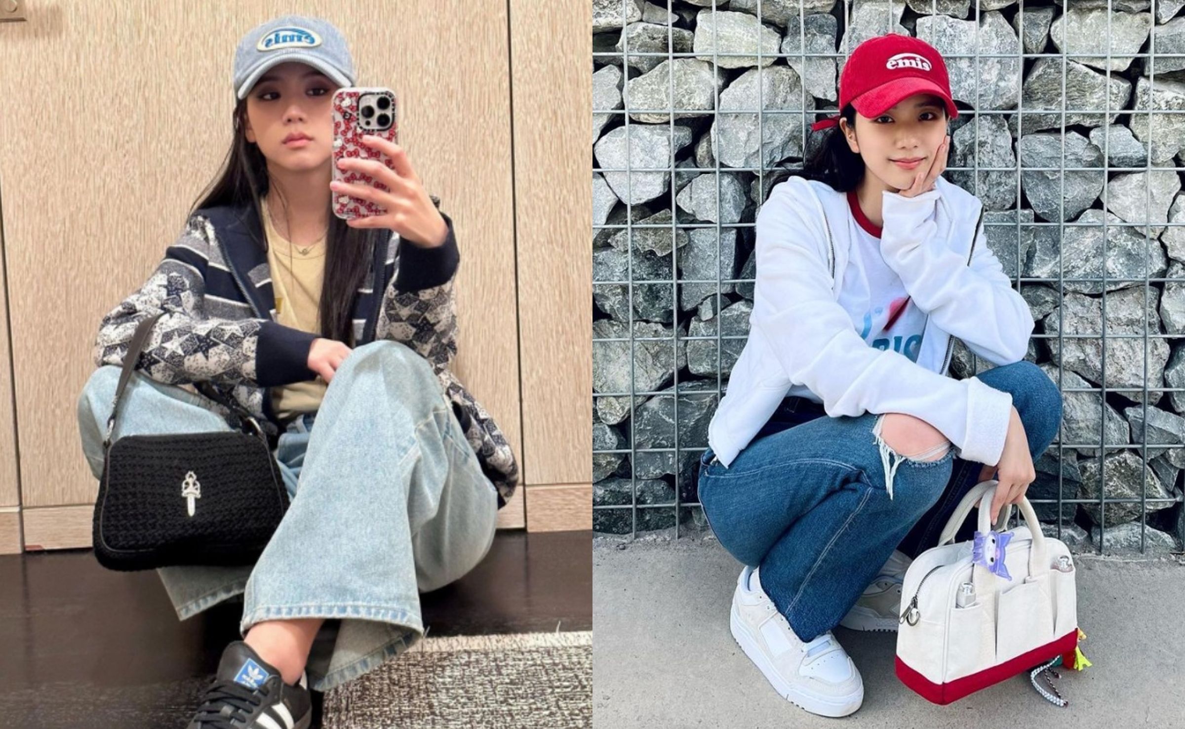Jisoo戴過兩次emis燈芯絨棒球帽。（翻攝自Jisoo IG）