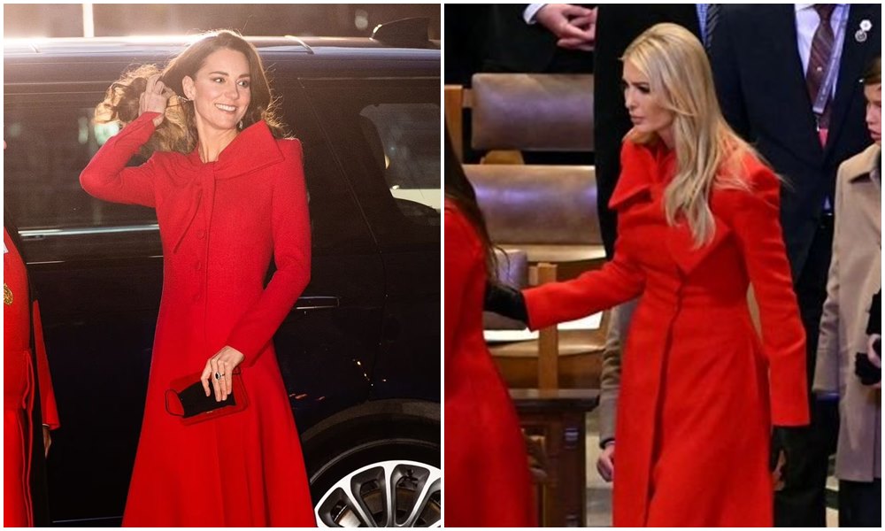 伊凡卡（右圖）出席國家祈禱會，紅色蝴蝶結衣服跟凱特王妃2021年的穿搭很相似。（翻攝X@shush_harry）