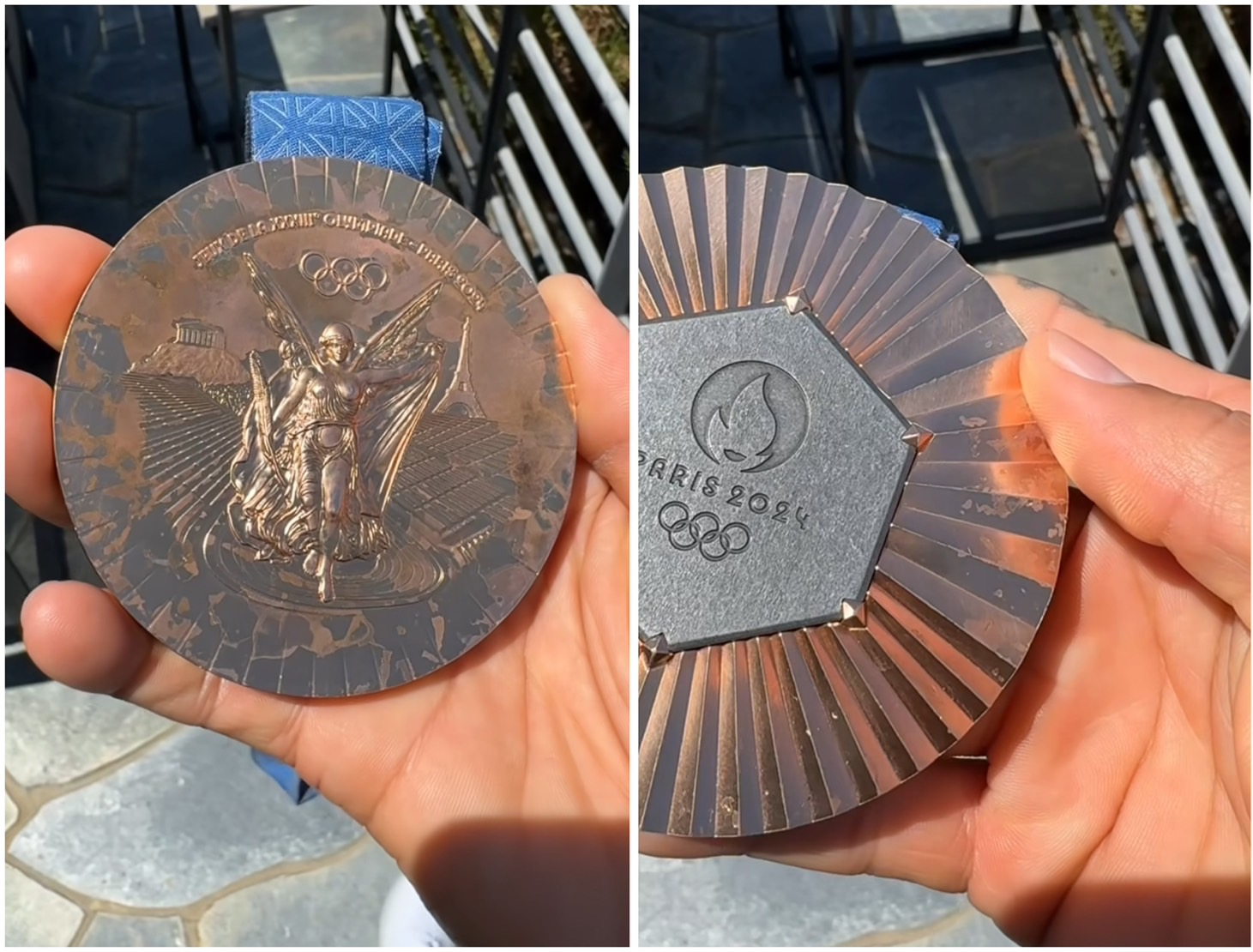奧運獎牌才剛拿到沒多久，已明顯斑駁、掉漆。（翻攝IG）