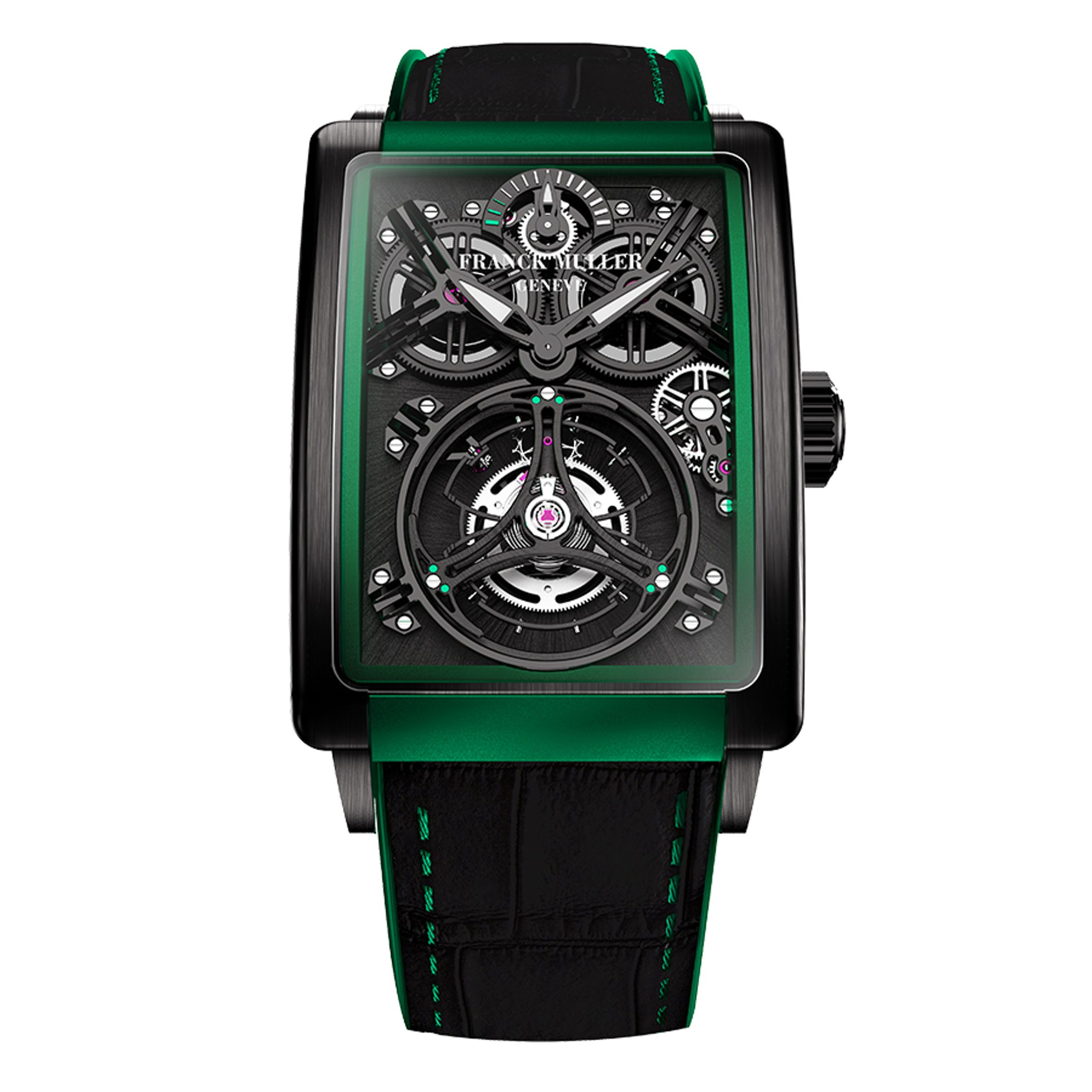 FRANCK MULLER Long Island Evolution Giga Tourbillon|錶徑36.3mm X 49.8 mm/黑色 PVD處理噴砂鈦金屬錶殼/時、分、小秒、動力儲存指示;陀飛輪裝置/MVT FM 2111-TL手上鍊機芯/防水30米/定價NT$7,478,000(亞太區限定發售8只)