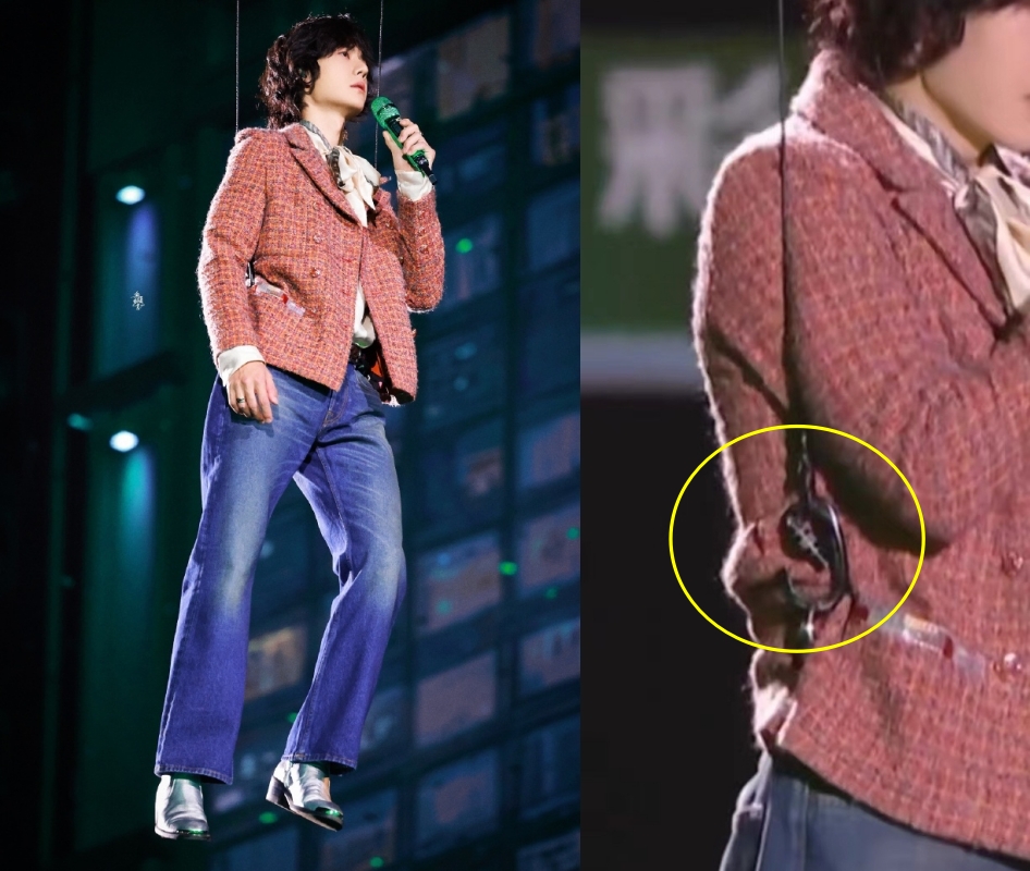 王一博藉吊鋼絲從舞台飛上50公尺高空舞台完成表演。（網路圖片）