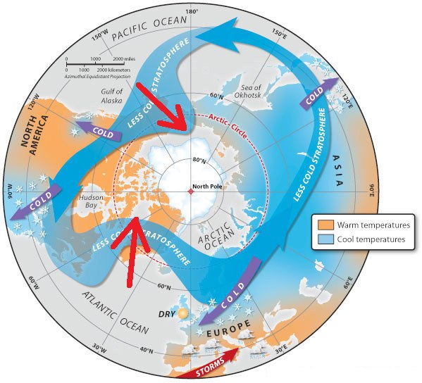 鄭明典解釋負北極振盪之主要冷空氣外流路徑。(翻攝自鄭明典臉書)