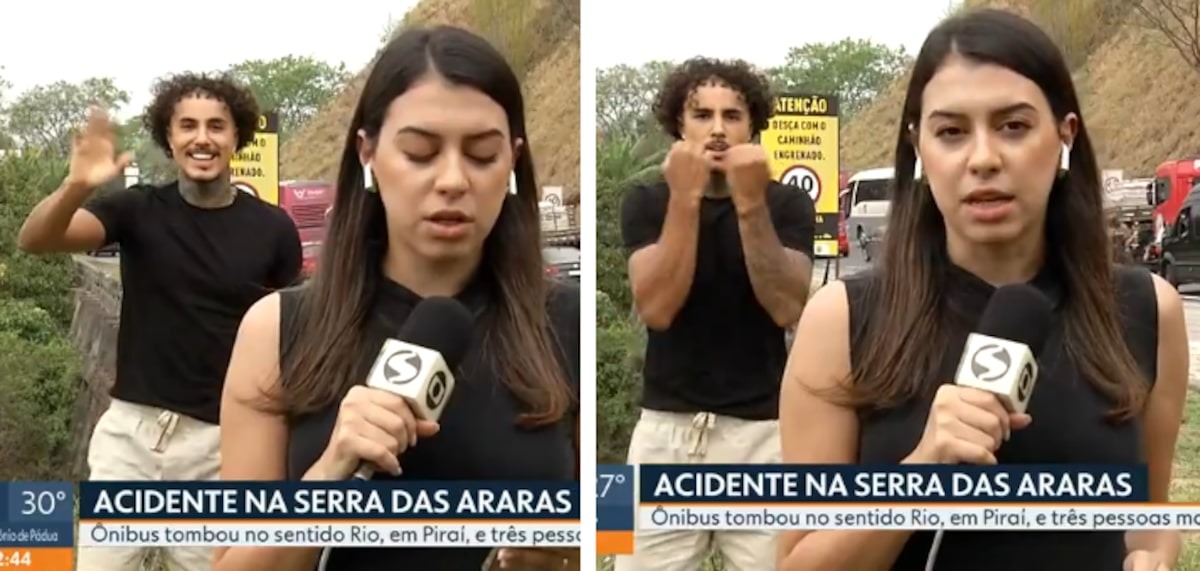 腦殘亂入！記者現場報導重大車禍，千萬網紅歌手搶鏡頭跳舞被罵翻。（翻自g1.globo.com）