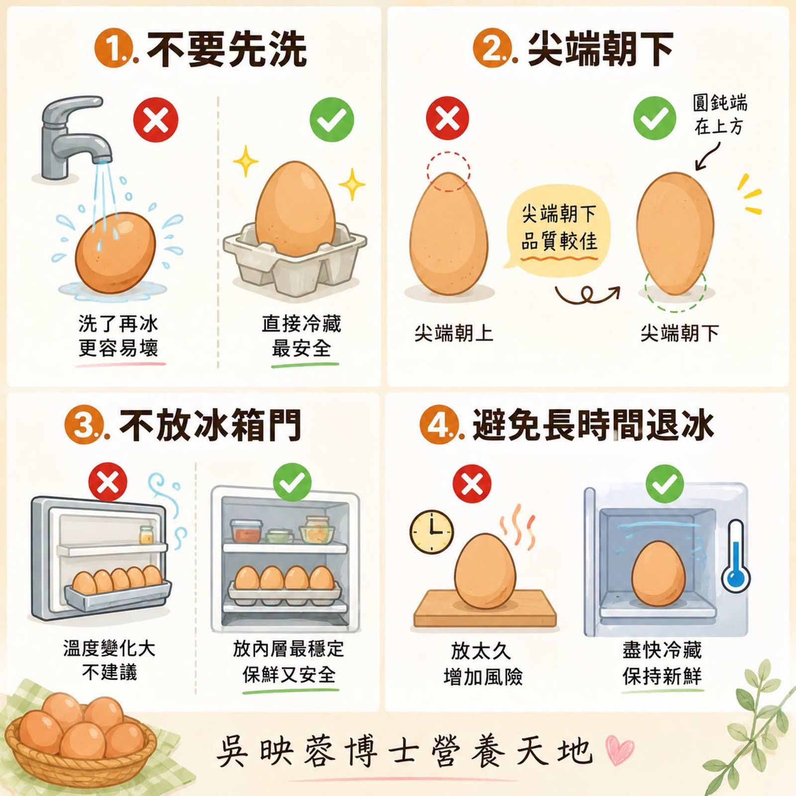 營養師吳映蓉對於，民眾買雞蛋回家後最常遇到的「四大處理疑惑」進行全面解析。（翻攝自臉書@吳映蓉博士營養天地）
