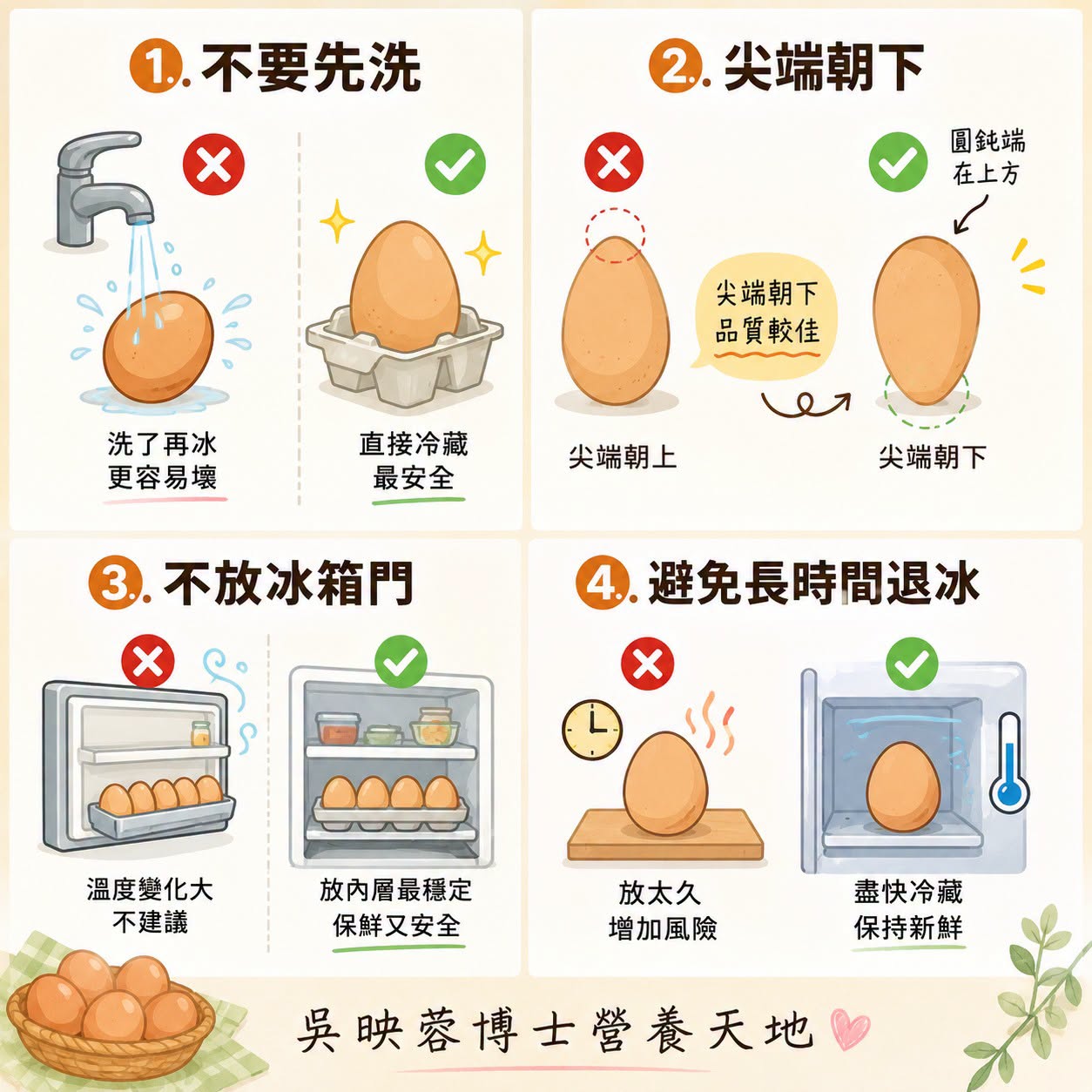 營養師吳映蓉對於，民眾買雞蛋回家後最常遇到的「四大處理疑惑」進行全面解析。（翻攝自臉書@吳映蓉博士營養天地）