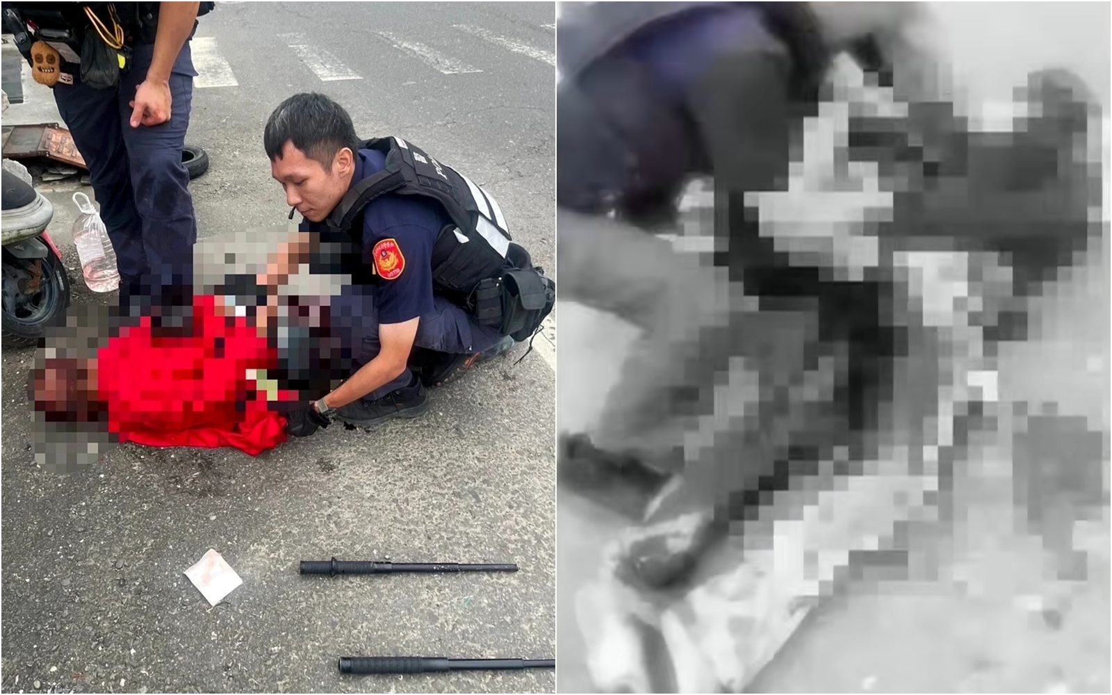 台南麻豆今早有一名64歲男子持水果刀砍傷路人,遭警方連開2槍制伏。(翻攝畫面)
