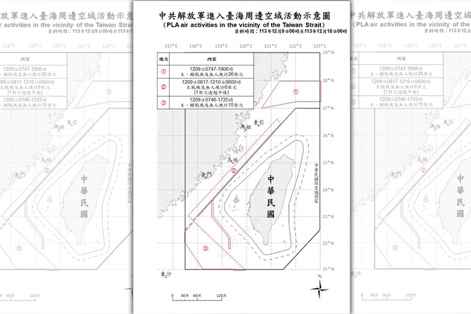 國防部公布解放軍進入台海周邊活動示意圖,有1架次逾越中線。(國防部提供)