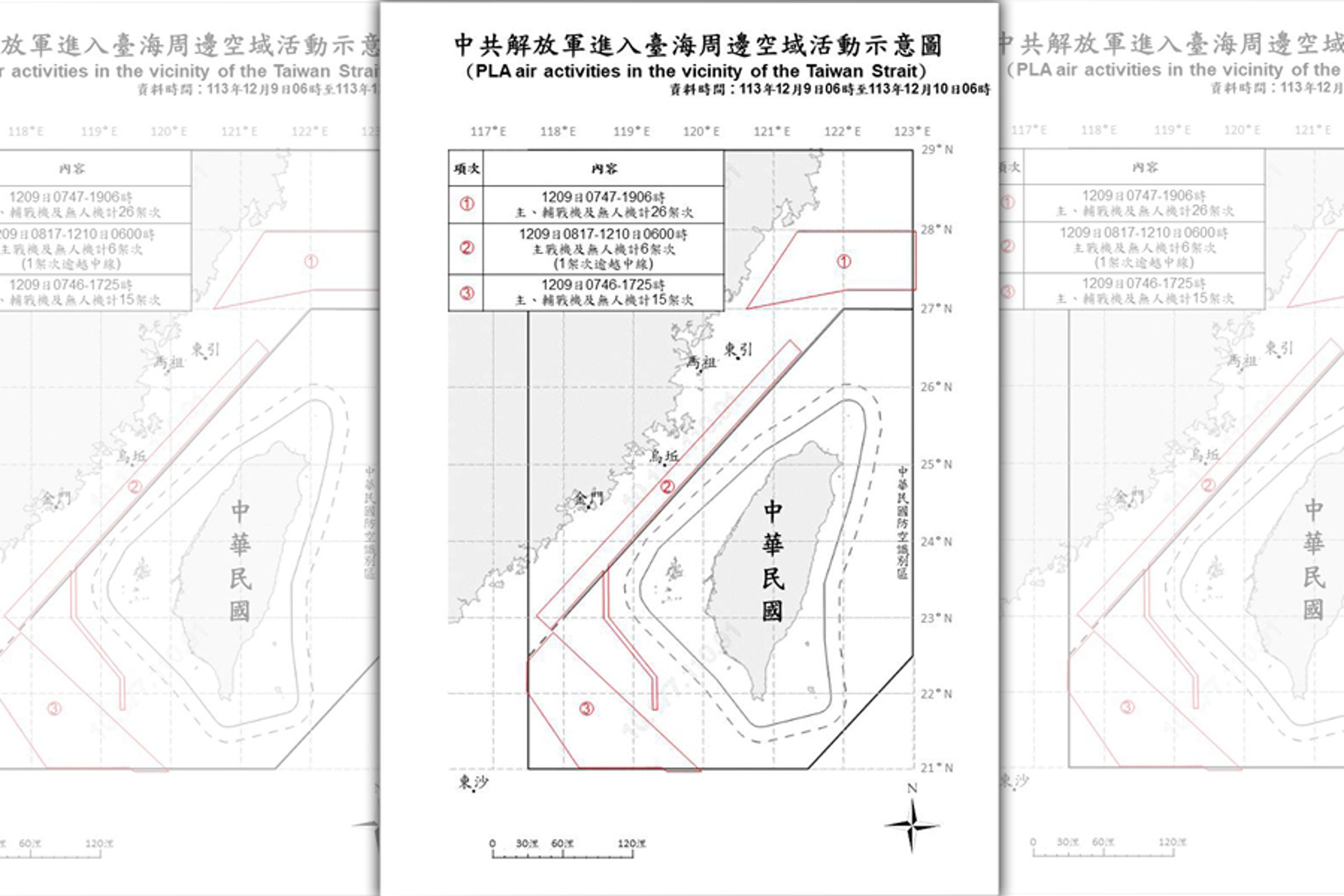 國防部公布解放軍進入台海周邊活動示意圖,有1架次逾越中線。(國防部提供)