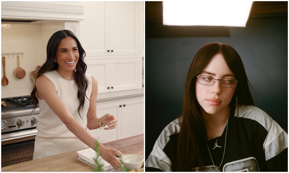 梅根（左圖）聯手怪奇比莉（右圖）送暖受災少女。（翻攝Netflix、Billie Eilish IG）