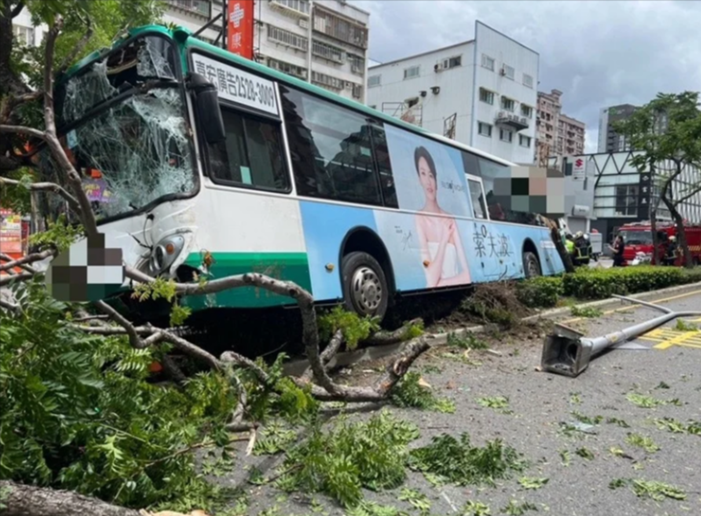 司機自撞中央分隔島，造成一乘客輕傷。（翻攝畫面）