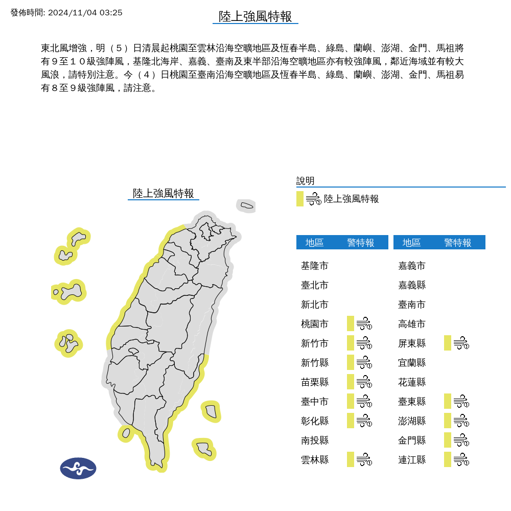 受東北風增強影響，氣象署針對12縣市發布了陸上強風特報。（中央氣象署提供）