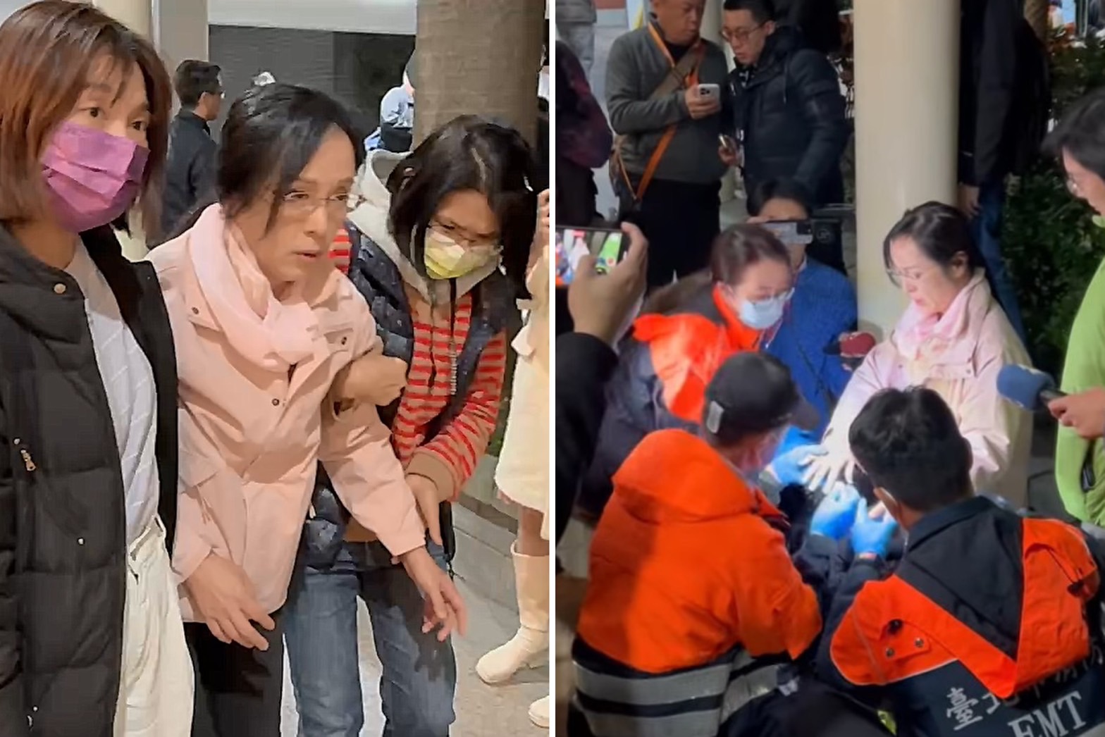 民進黨立委陳瑩走路一拐一拐送醫。（合成圖；翻攝畫面、翻自周軒臉書）