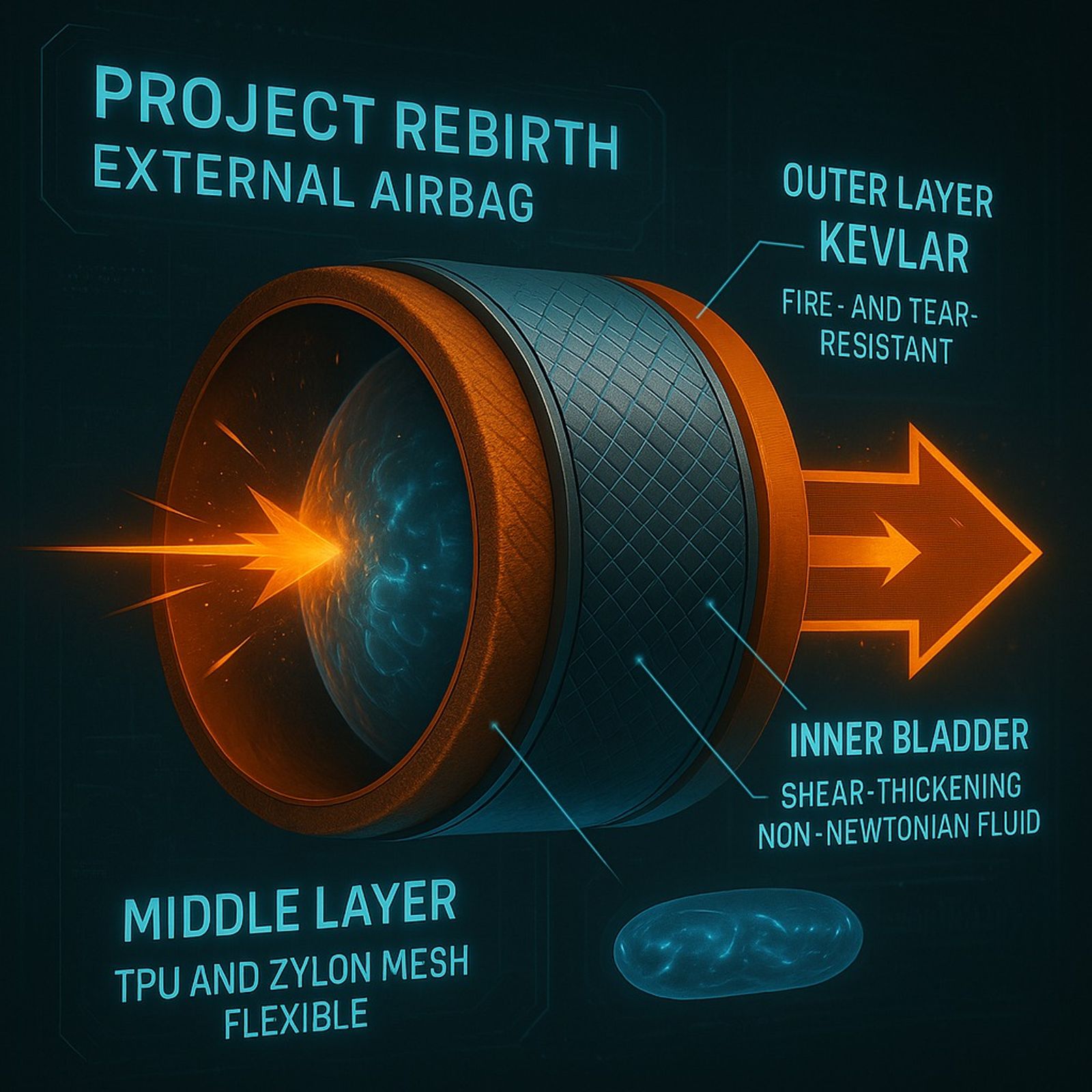 外部氣囊由多層材質組成,外層Kevlar耐火抗撕裂,中層具彈性的TPU網布,內層非牛頓流體在受撞擊時瞬間硬化,猶如飛機的「防撞盔甲」。(翻攝jamesdysonaward.org)