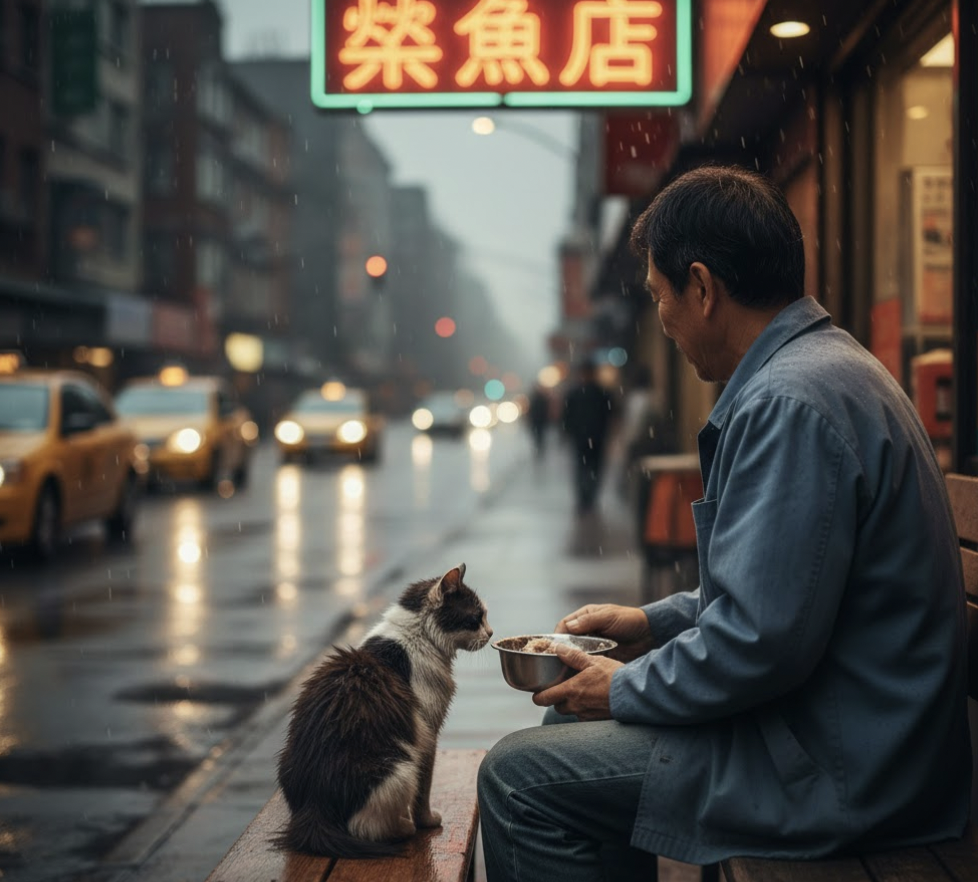 中國一名老闆因起身餵食流浪貓，奇蹟般躲過從二樓墜落的盆栽。（示意圖，由AI生成）