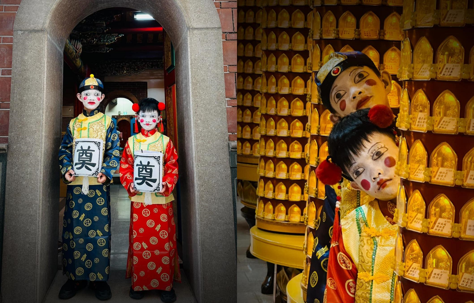 一名女網友將兒女打扮成金童玉女，在媽祖廟中拍照。（翻攝自臉書社團「爆廢公社二館」）