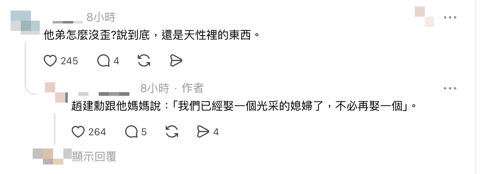 原PO回應其他網友時透露，趙建勳曾對母親說：「我們已經娶一個光彩的媳婦了，不必再娶一個。」（翻攝Threads）