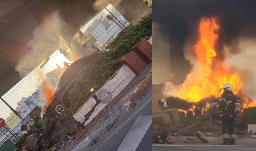 該賓士車行經高雄三民民族陸橋時，突失控自撞分隔島，導致路旁土石四濺，隨即竄出濃煙起火燃燒。（翻攝畫面）
